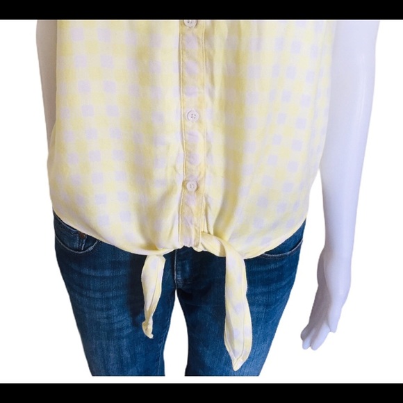 GEORGE Gingham Plaid Ruffle Blouse With Tie Front & Cap Sleeves Yellow Sz Large - Picture 9 of 13